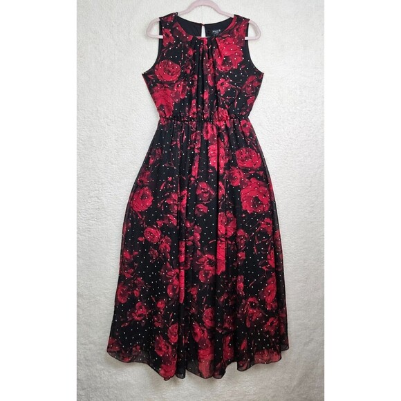 AlexaB Women Dress 10 Black Floral Print 100%Polyester Sleeveless Fit Flare Maxi - Picture 1 of 16